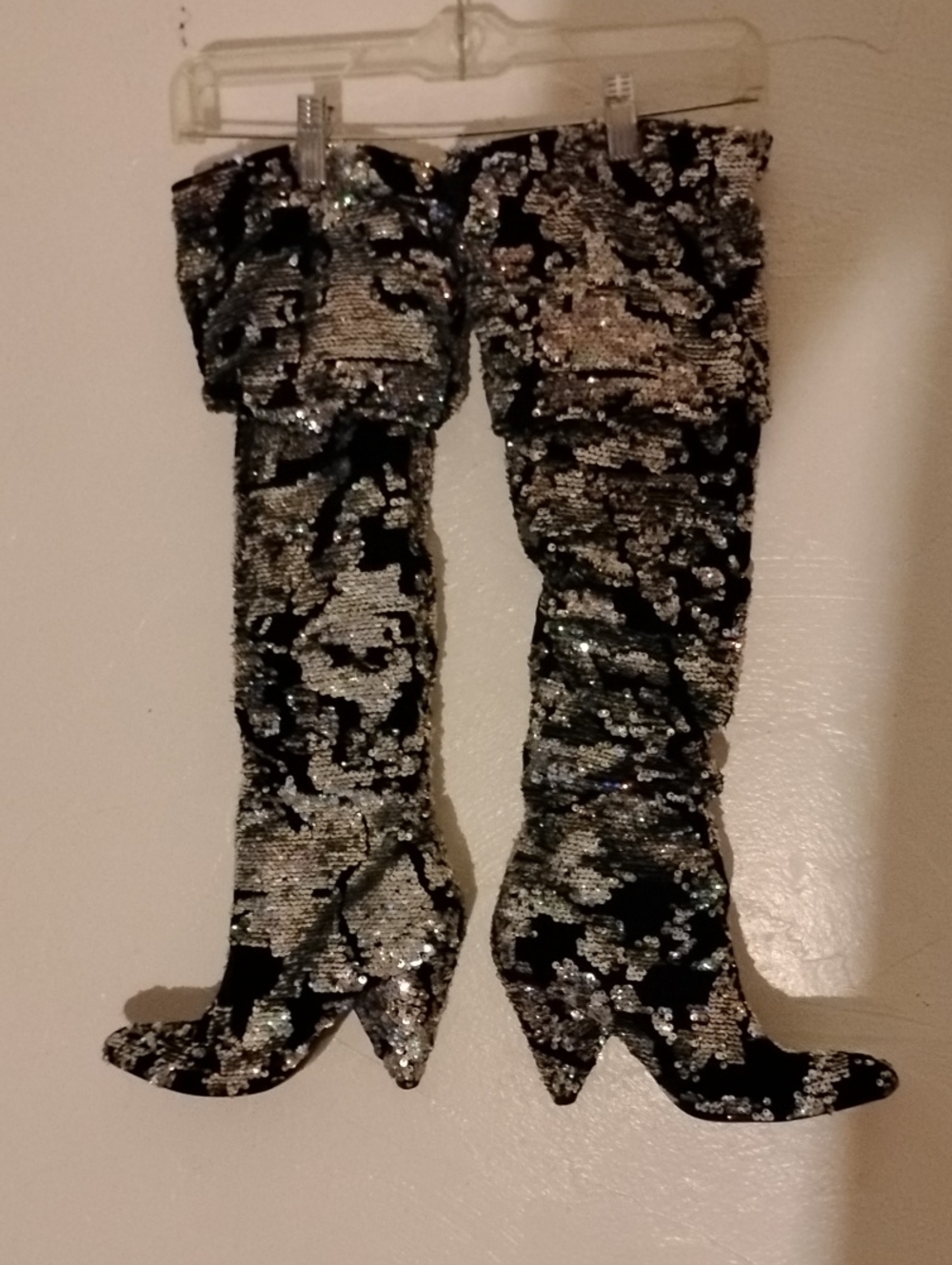 Shellys London Midnight Slouch Black Silver Sequin Over-the-Knee Boots Sz